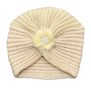 NEW Vintage Inspired Knitted Turban Beanie With Pearl & Fur Accent Deco
